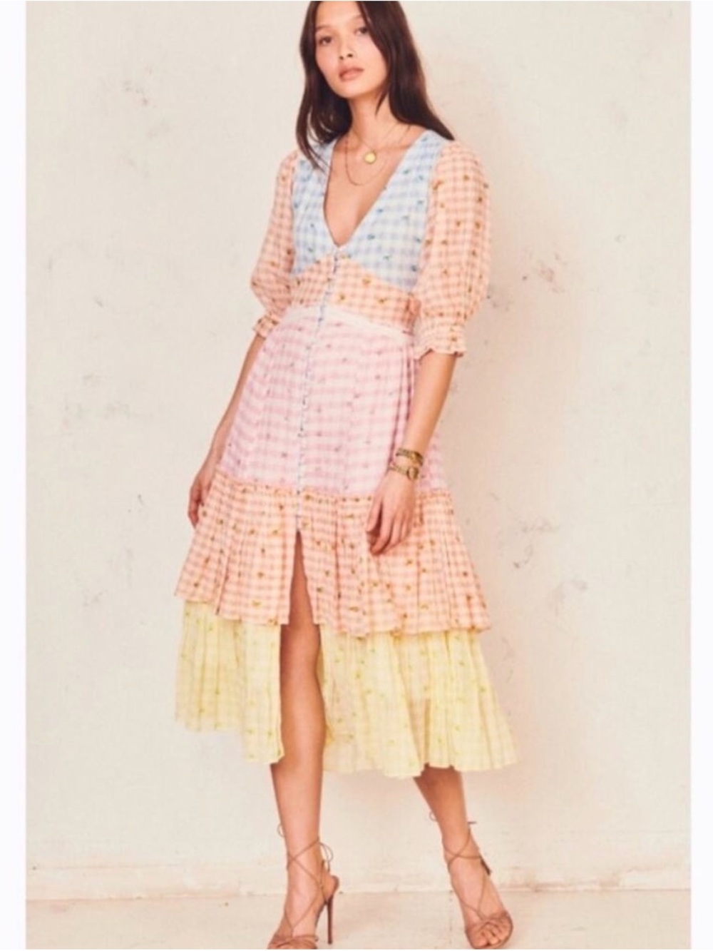 LoveShack Fancy Pastel Tiered Button-Front Midi Dress